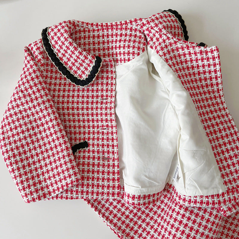 New Girls' Lapel Plaid Jacket and Skirt Two-piece Suit