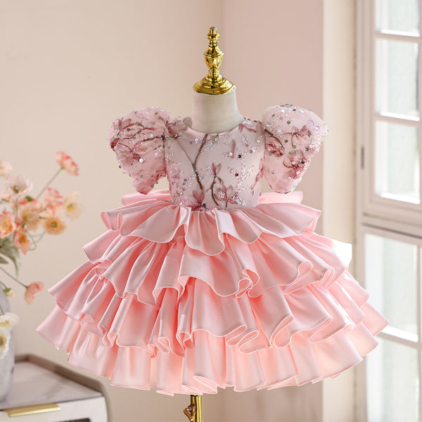 Baby Girl Birthday Pink Princess Dress Flower Girl Fluffy Dress