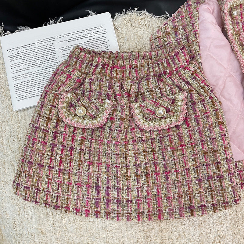 Girls' Winter Plaid Coat and Skirt Two-piece Set