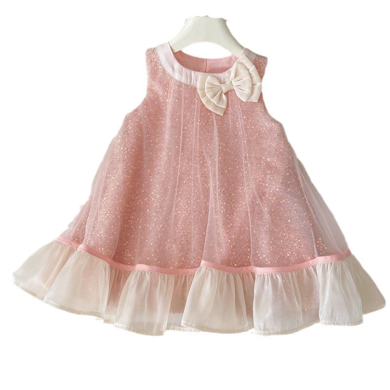 Girls Summer Sleeveless Vest Bowknot Sequined Princess Dress