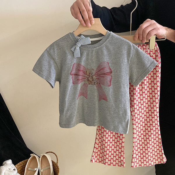 Cute Bow Short-sleeved Pattern Trousers Toddler Two Piece Set