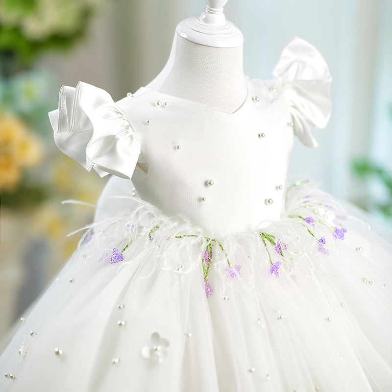 Girls White Communion Princess Dress Flower Girl Bow Dress