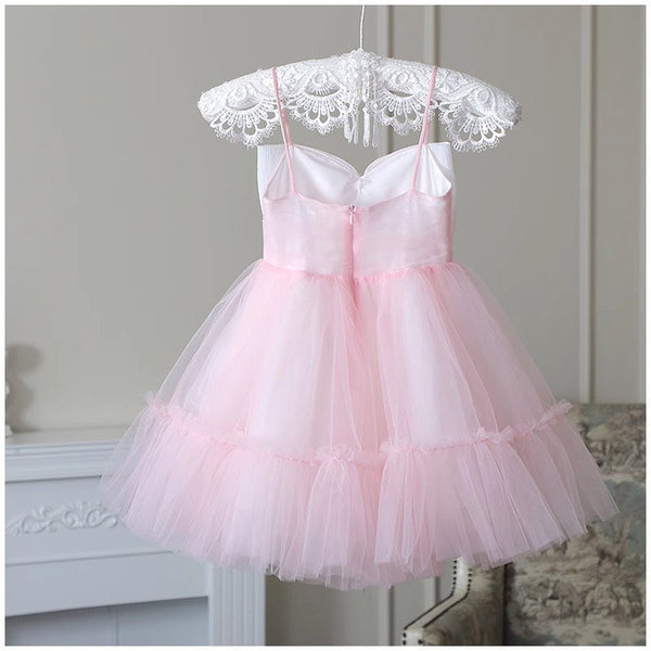 Sweet Baby Girls Pink Suspender Big Bow Gauze Skirt Toddler Girl Party Dresses