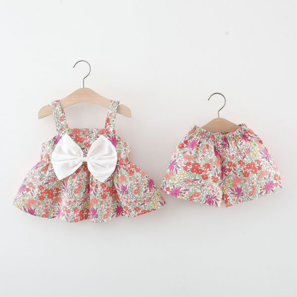 Summer New Girls Floral Suspender Shorts Two-piece Suit