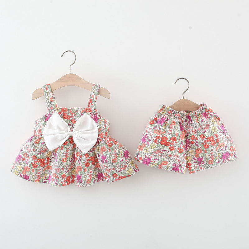 Summer New Girls Floral Suspender Shorts Two-piece Suit
