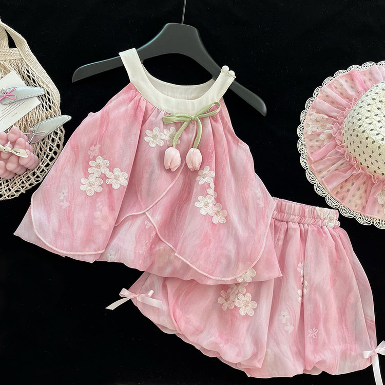 Girls Summer New Embroidered Suspender Shorts Two-piece Suit