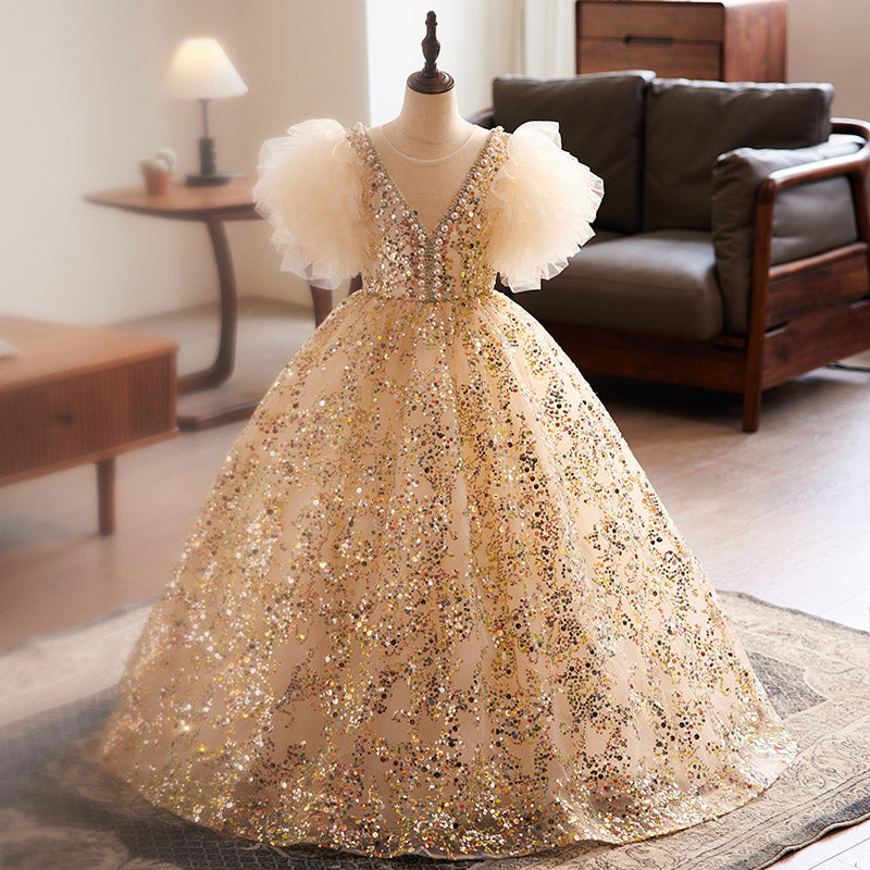 Luxurious Baby Girl Dress Children Pageant Gold Sequin Birthday Princess Dress