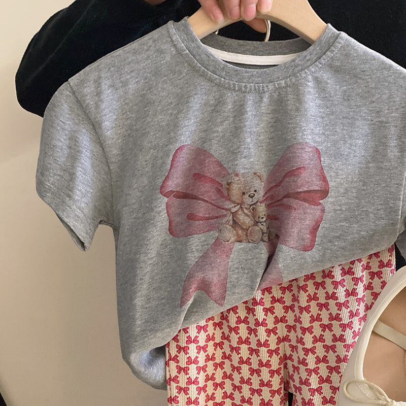 Cute Bow Short-sleeved Pattern Trousers Toddler Two Piece Set