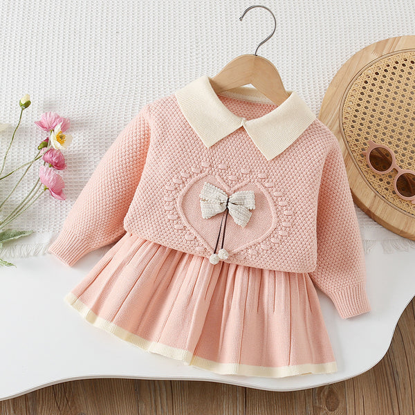 Girls' Solid Color Bow-knit Sweater Short Skirt Two-piece Set