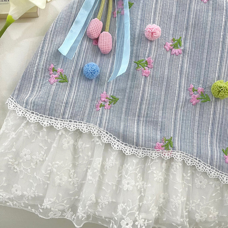 Summer Girls Flying Sleeve Lace Splicing Flower Princess Dress