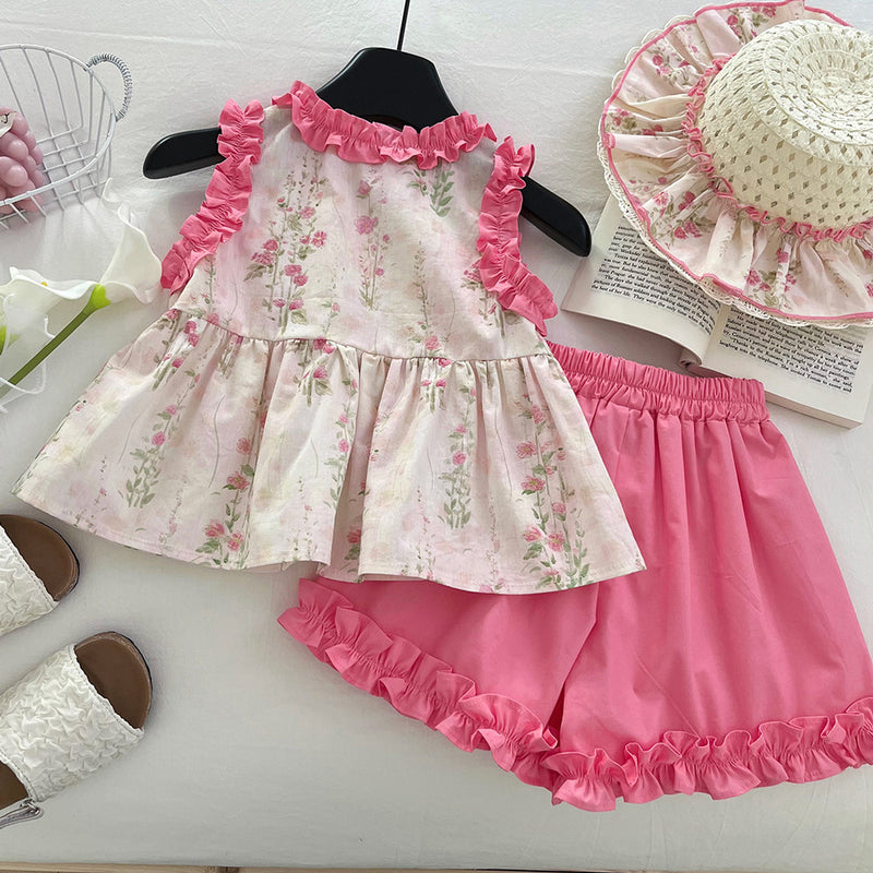 Girls Sleeveless Baby Shirt Set Summer Thin Children Girls Lace Floral Shorts Two-piece Set