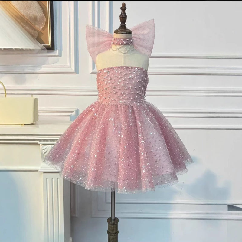 Girls Birthday Dress Children Pink Sequin Princess Dress