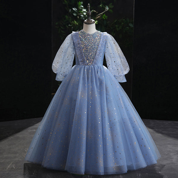 Sweet Baby Girls Blue Sequined Mesh Long Dress Toddler Prom Princess Dress
