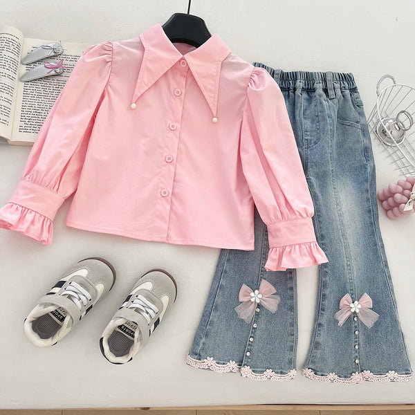 Girls' Autumn Heart Knitted Vest Shirt and Jeans Three-Piece Set