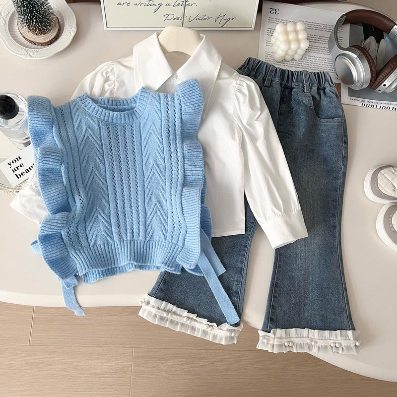 Girls' Autumn Shirt Vest Jeans Three-Piece Set