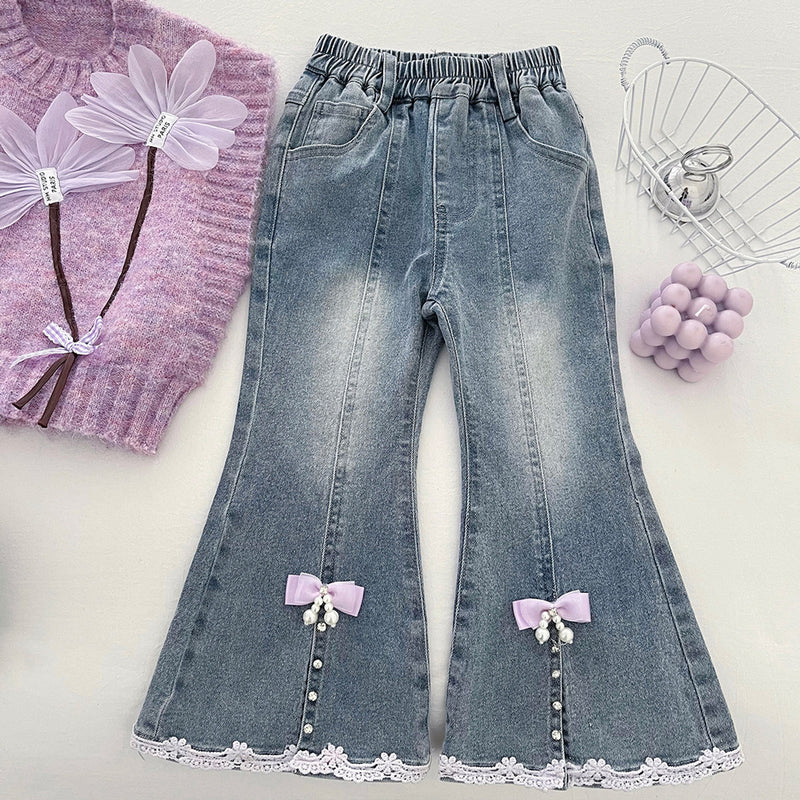 Girls' Floral Knitted Vest Shirt and Flared Jeans Three-Piece Set