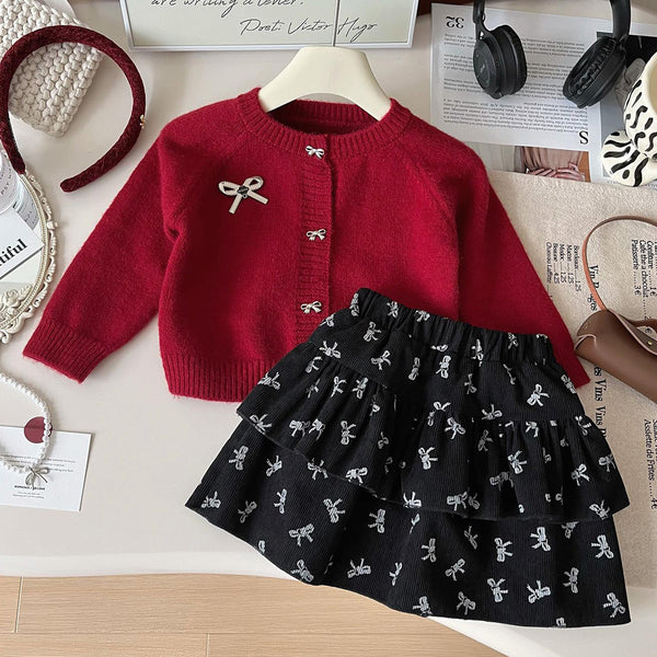 Girls' Knitted Sweater Cardigan Bow Skirt Two-piece Set