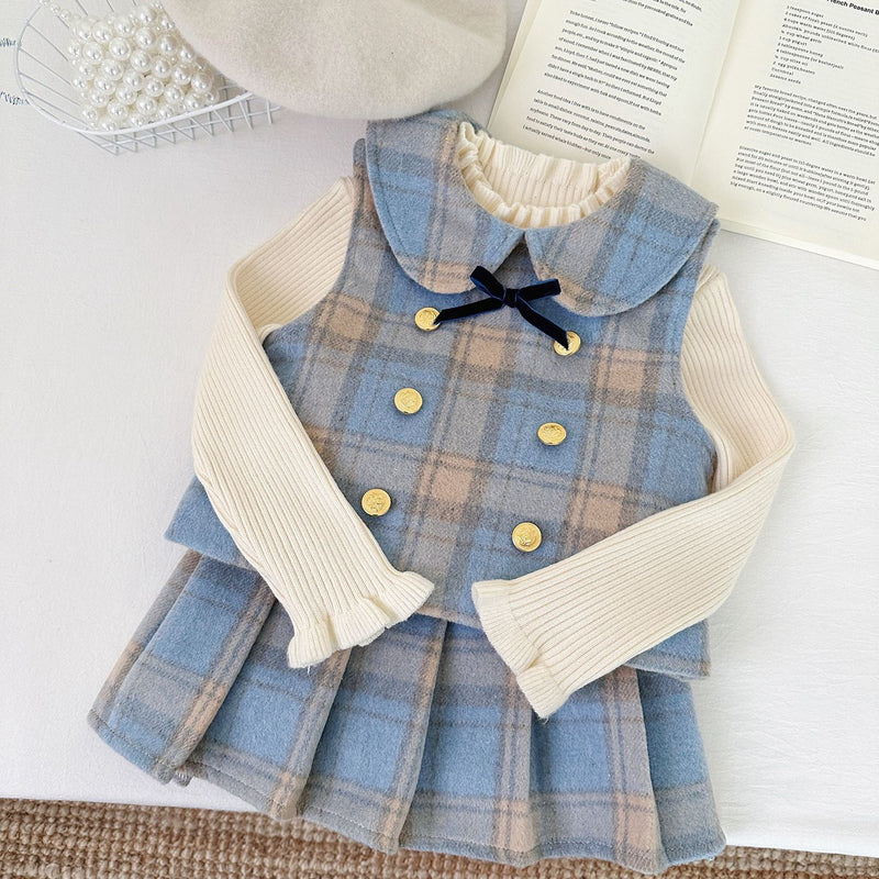 Girls' Winter Fleece-Lined Plaid Vest and Skirt Two-Piece Set