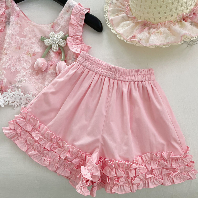 Summer Girls Sleeveless Pink Suit Flower Cute Princess Style Lace Shorts Two-piece Suit