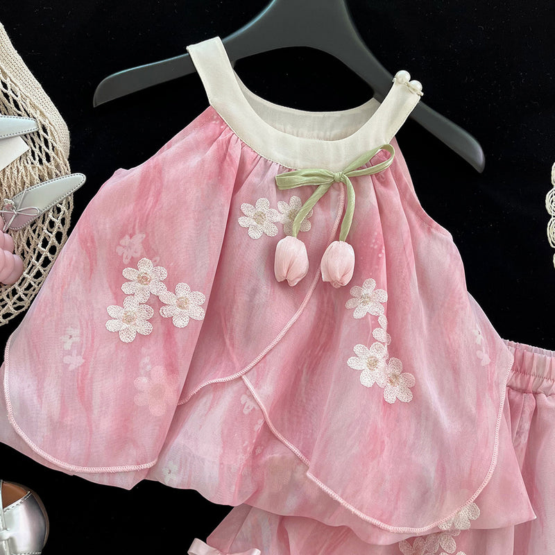 Girls Summer New Embroidered Suspender Shorts Two-piece Suit