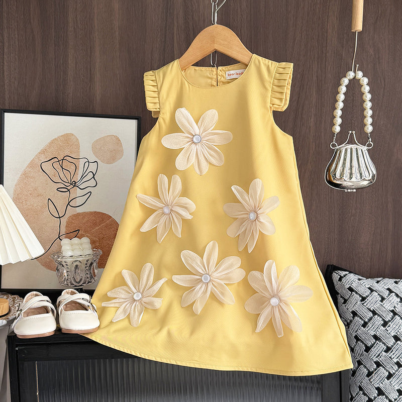 Girls Summer Sleeveless 3D Flower Princess Dress