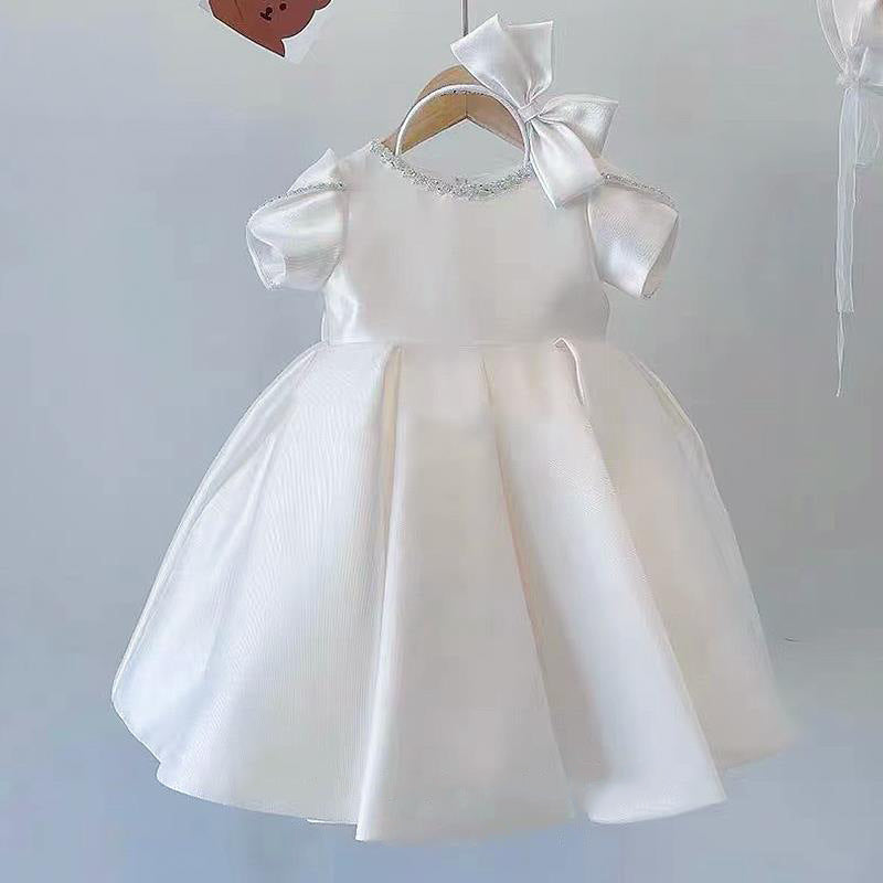 Elegant Baby Girls White Round Neck First Birthday Dress Toddler Birthday First Communion Dress