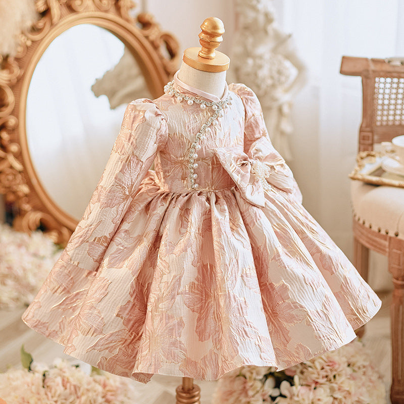 Elegant Baby Pearl Plate Button Bow Pattern Princess Dress Toddler Ball Gowns Pageant Dresses