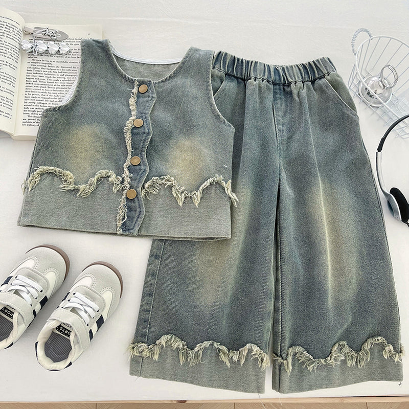Girls' Denim Vest Shirt and Wide-leg Jeans Three-piece Set