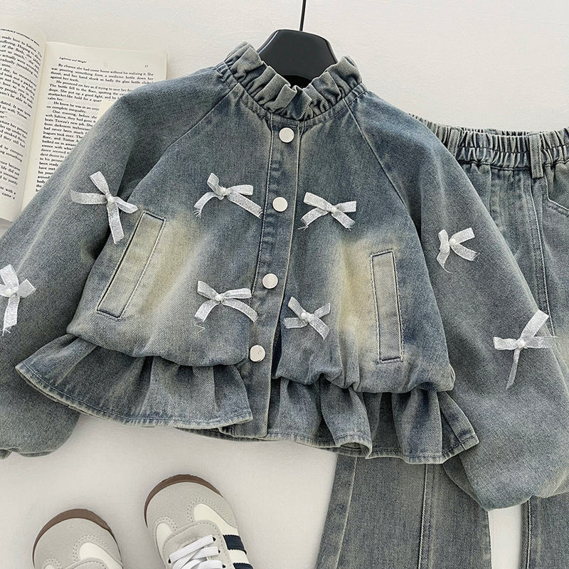 Girls' Denim Bow Beaded Jacket and Jeans Two-Piece Set