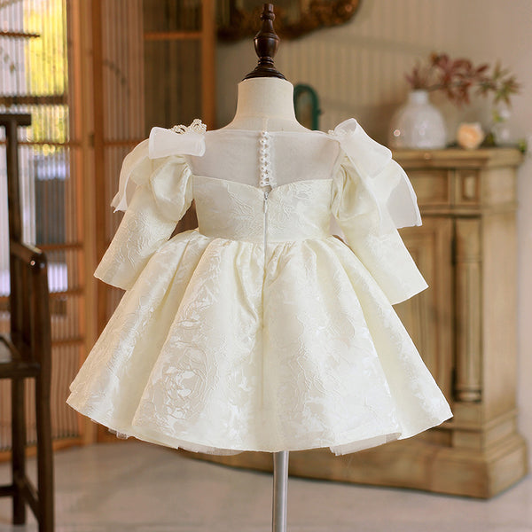 Elegant Baby Girl White Long Sleeve Bow Embroidered Princess Dresses For Girls Toddler Pageant Dresses