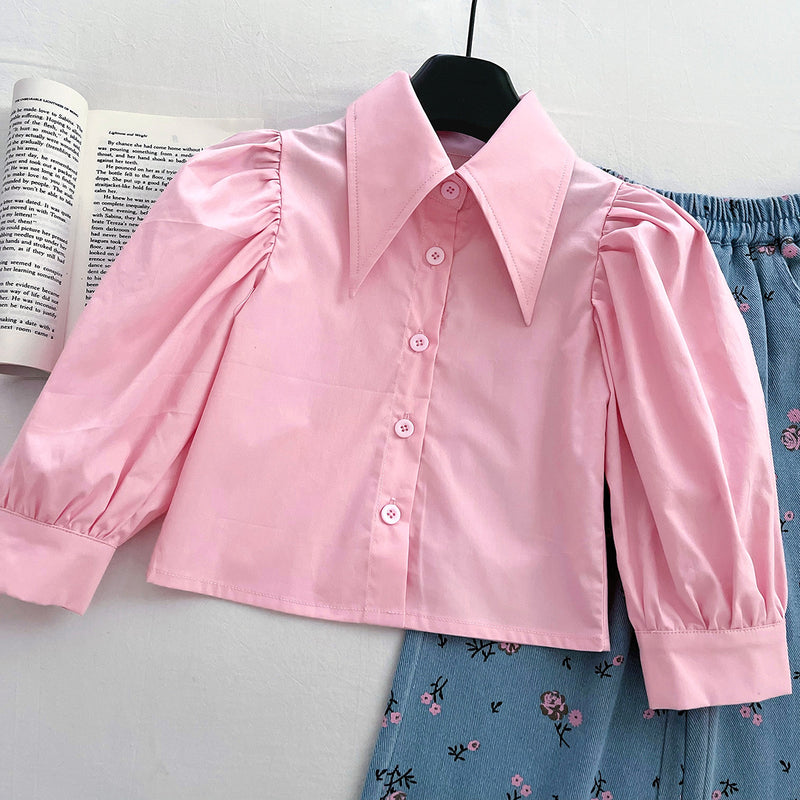 Autumn Girls Knitted Vest Shirt Printed Jeans Three-Piece Set