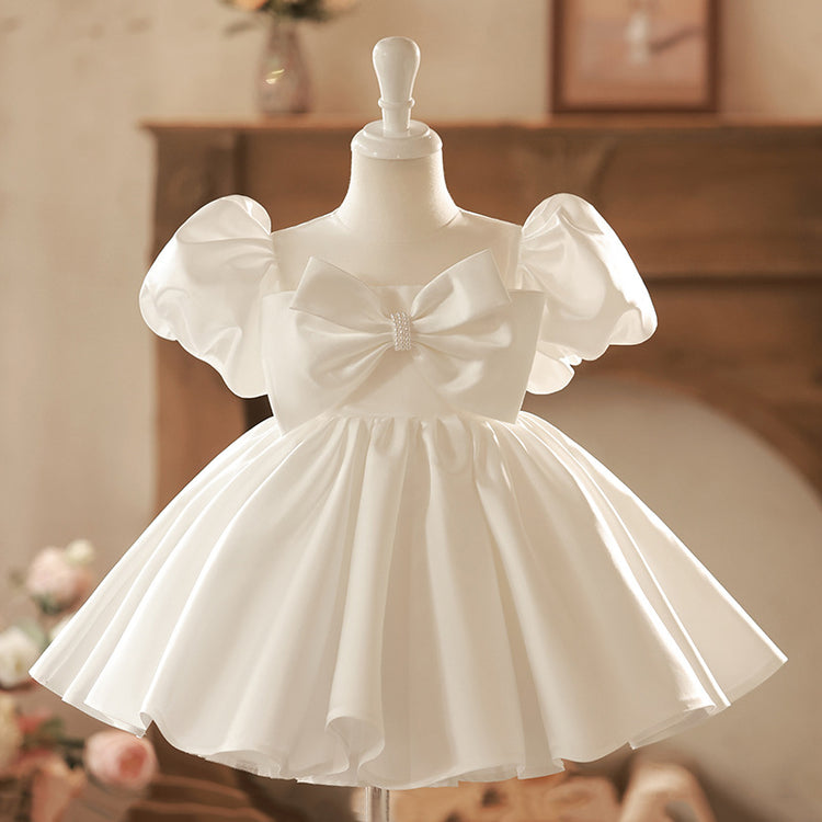 Sweet Baby Girls Pure White Bow Waist Princess Dress Toddler First Communion Dress