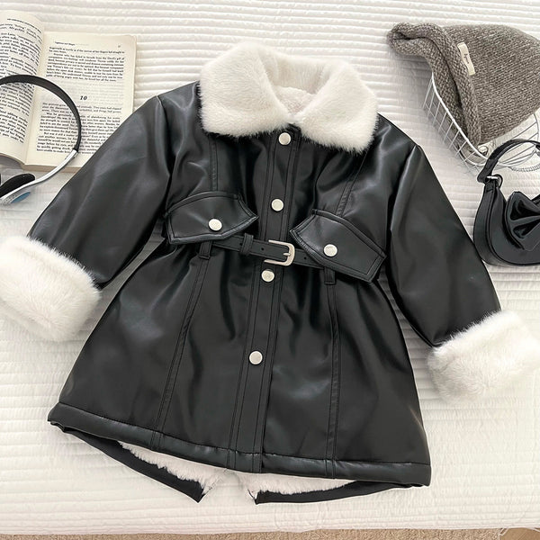 Girls' Winter Slim Fit Warm PU Leather Soft Coat