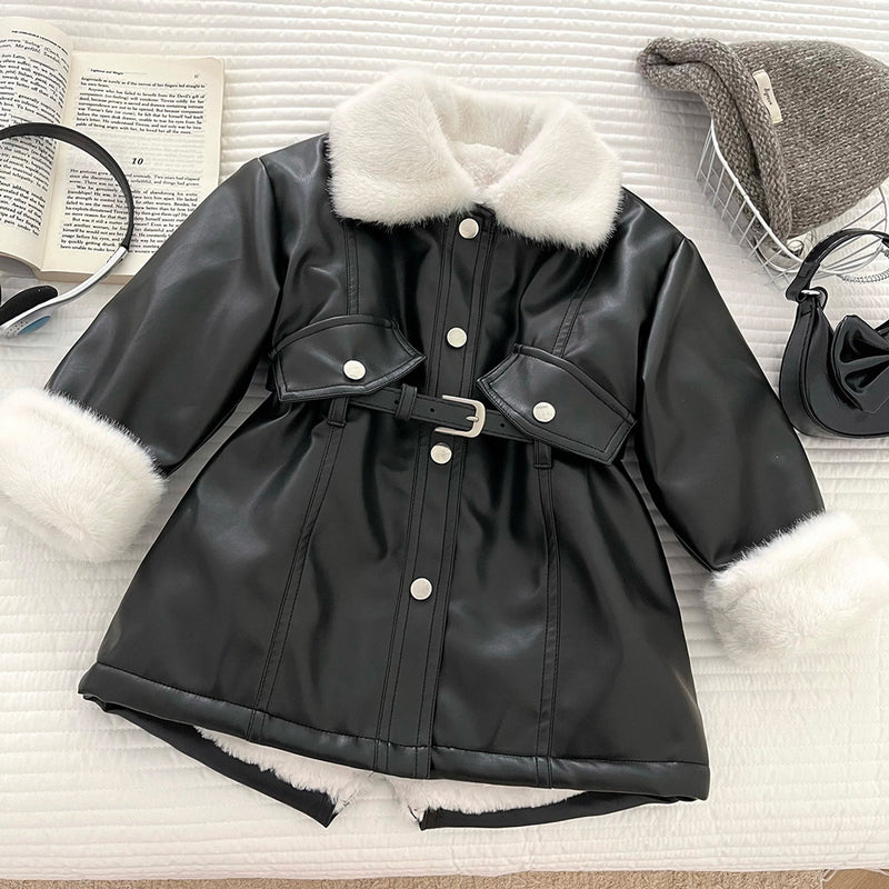 Girls' Winter Slim Fit Warm PU Leather Soft Coat