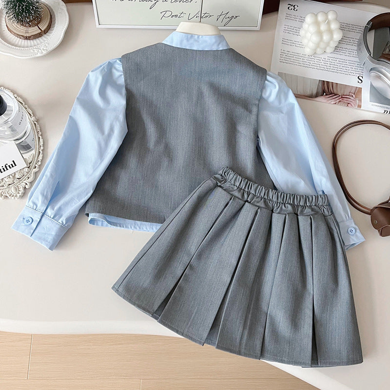 Girls' Cute New Vest Shirt Pleated Skirt Three-piece Set