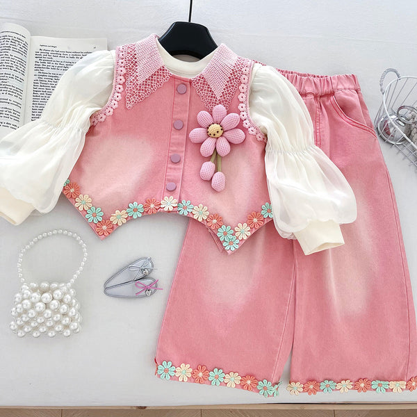 New Autumn Girls' Denim Vest Bottoming Shirt and Trousers Three-piece Set