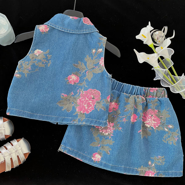 Girls Summer Printed Sleeveless Vest Short Skirt Two-piece Set