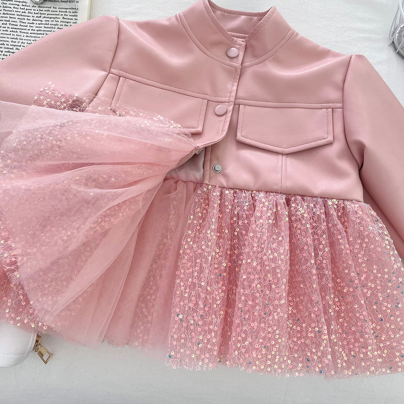 Girls' Autumn Sequined Mesh PU Leather Jacket