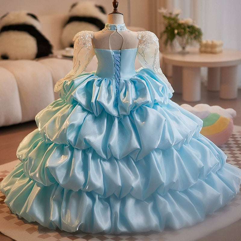 Girls Blue Sequined Dress Flower Girl Wedding Dress Puffy Princess Dress