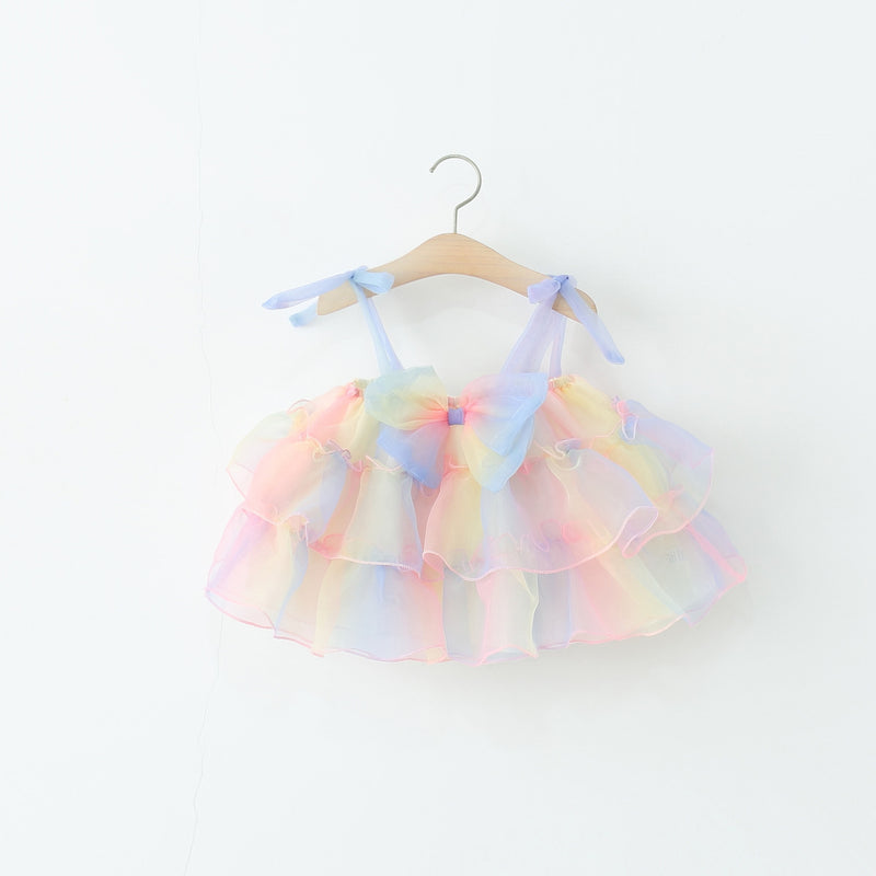 Summer New Girls Rainbow Bow Suspender Dress