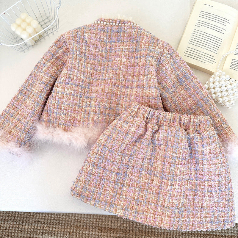 Girls New Winter Warm Coat and Skirt Two-piece Set