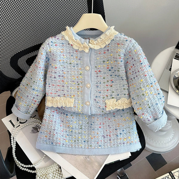 Girls' Knitted Cardigan Jacket and Short Skirt Two-piece Set