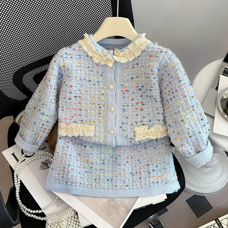 Girls' Knitted Cardigan Jacket and Short Skirt Two-piece Set