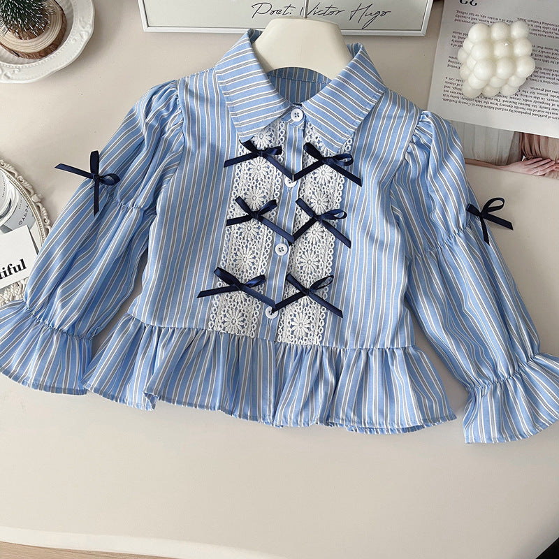 Girls' Autumn New Bow Striped Shirt Pleated Skirt Two-piece Suit