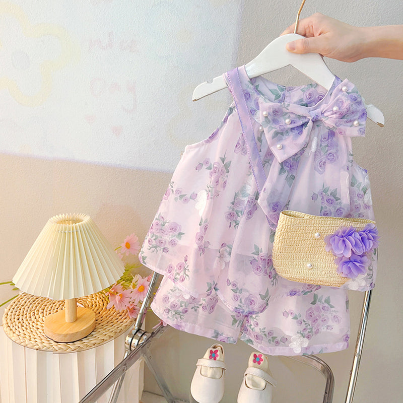 Girls Summer Thin Flower Top Shorts Two-piece Set
