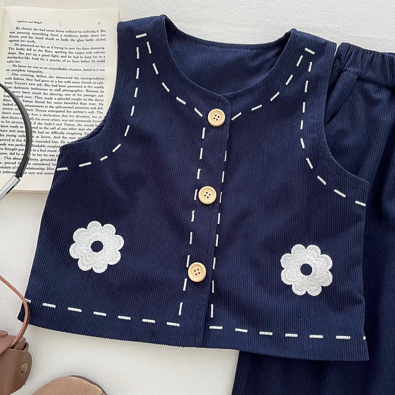 Girls' Embroidered Vest Shirt and Wide-leg Pants Three-piece Set