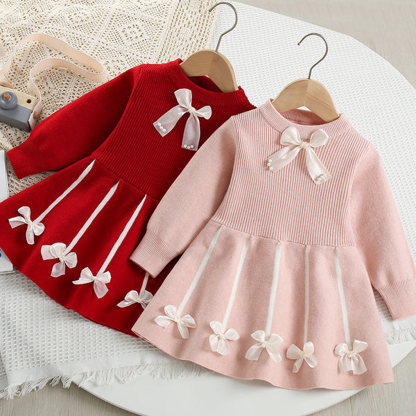 Girls' Autumn New Bow Knitted Dress