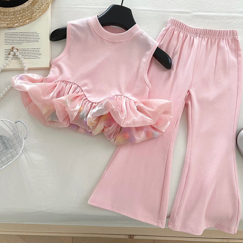 Girls Pink Sleeveless Vest Flared Pants Two-piece Set