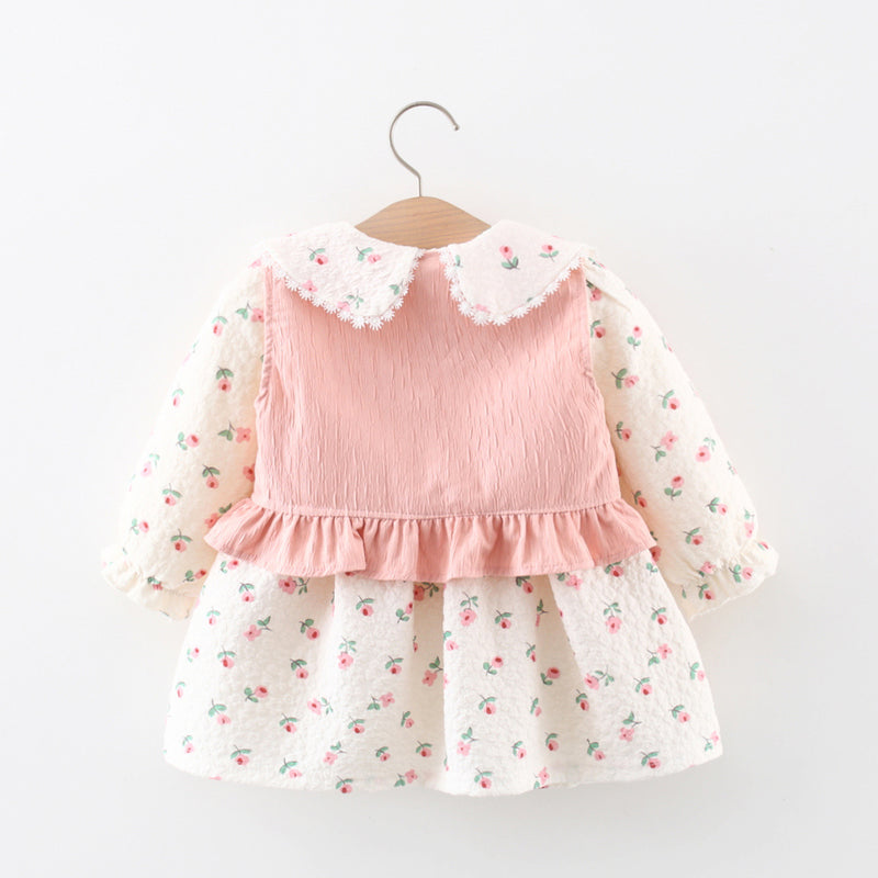 Cute Girls Autumn Printed Fake Two Piece Princess Dress