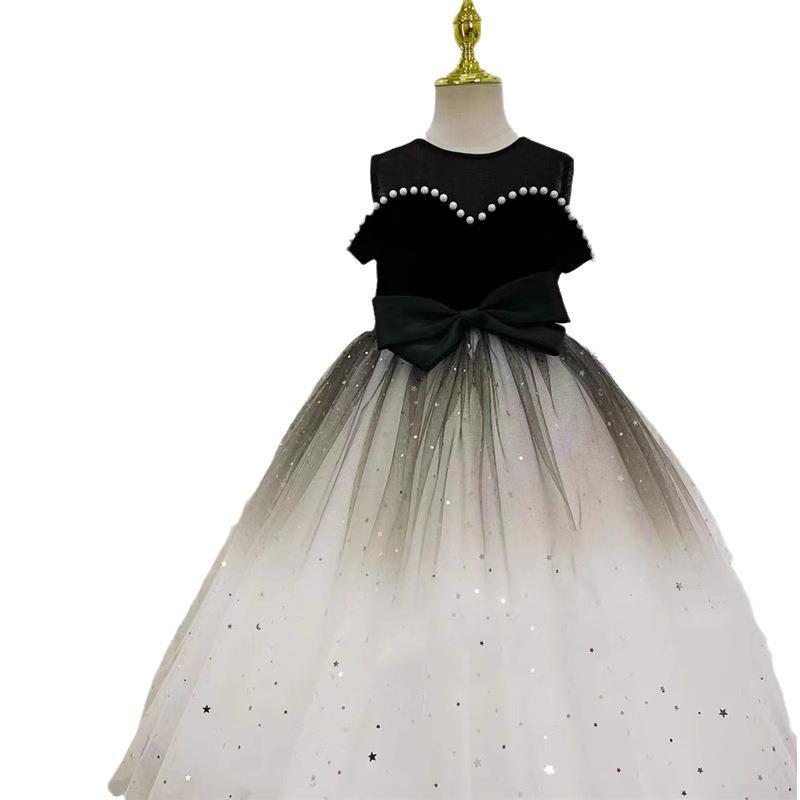 Elegant Baby Girls Black and White Gradient Pearl Princess Dress Toddler Prom Dress